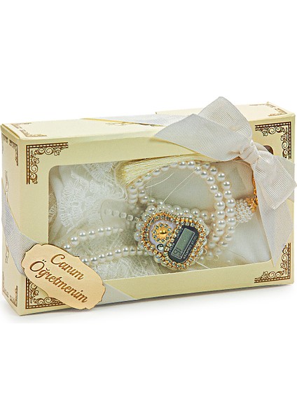 Öğretmenler Gününe Özel Kutulu Hediyelik Şal Zikirmatik Tesbih Seti Beyaz modelleri