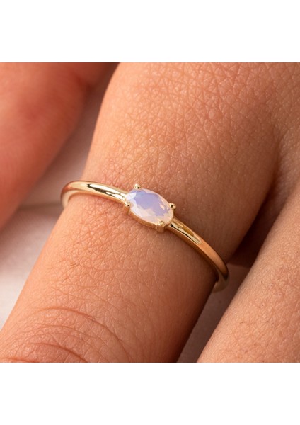Gümüş Yüzük - Gümüş Yüzük - 0.50 Karat Oval Sade Minimal Pembe Kuvars 925 Ayar Tektaş Gümüş Yüzük