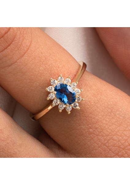Gümüş Yüzük - Gümüş Yüzük - 1.05 Karat Safir Topaz 0.30 Karat Pırlanta (Signty) Taşlı Vintage 925 Ayar Gümüş Yüzük