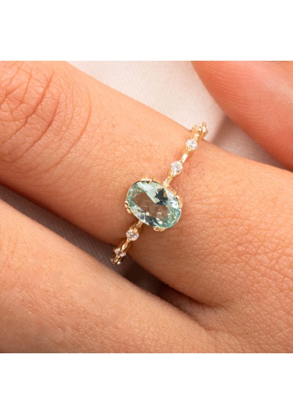 Gümüş Yüzük - Green Topaz Taşlı Kadın Modern Tasarım 925 Ayar Gümüş Evlilik Teklifi Yüzüğü