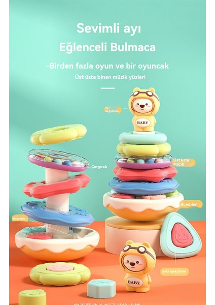 Baby, Cute Bear, Rainbow Tower Collar, Stacking Music Game, Children's Puzzle Education, Tumbler Animal, 1-3 Yaşlı (Yurt Dışından)