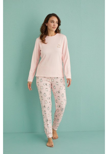 14101-5 Kadın Kedi Desenli Termal Kumaş Uzun Kol Pijama Takım