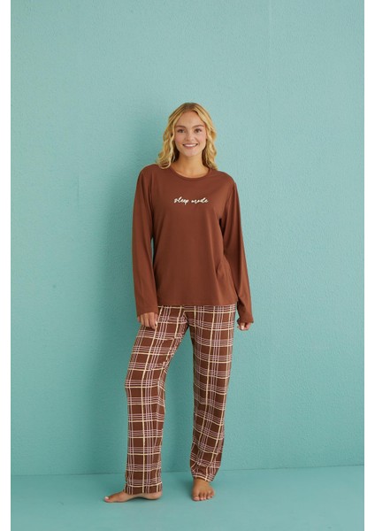50902-53 Kadın Sleep Mode Ekose Uzun Kollu Pijama Takım