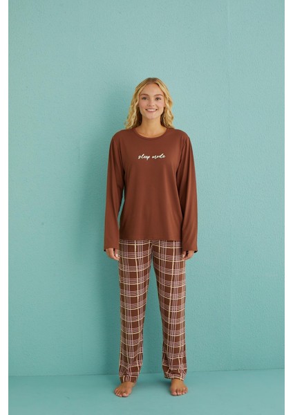 50902-53 Kadın Sleep Mode Ekose Uzun Kollu Pijama Takım