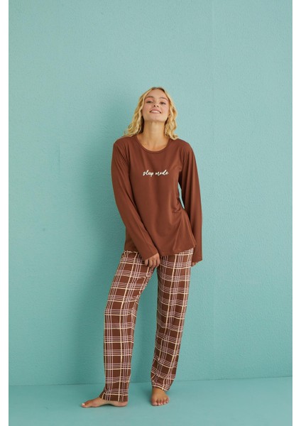 50902-53 Kadın Sleep Mode Ekose Uzun Kollu Pijama Takım