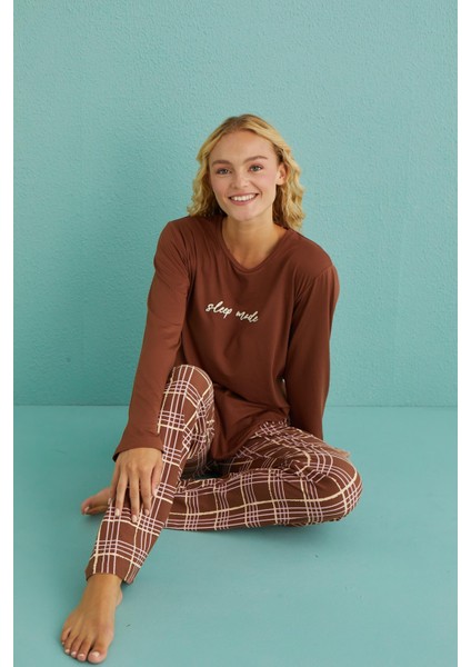 50902-53 Kadın Sleep Mode Ekose Uzun Kollu Pijama Takım