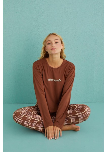 50902-53 Kadın Sleep Mode Ekose Uzun Kollu Pijama Takım