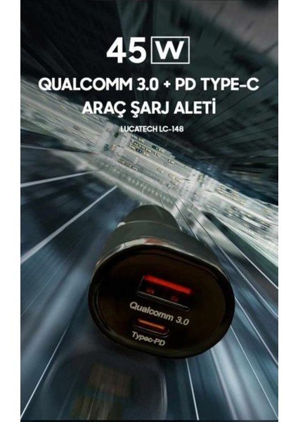 Araç Şarj Başlık 45W Ultra Hızlı Şarj Type C + USB Girişli Araç Şarjı