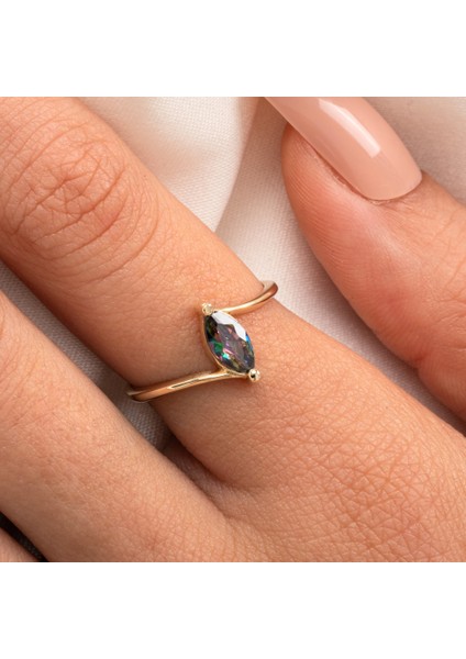 Gümüş Yüzük - Gümüş Yüzük - 0.60 Karat Mekik Mistik Topaz Taşlı Es 925 Ayar Gümüş Evlilik Teklifi Yüzüğü