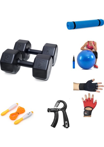 Ps Spor 7 kg Dambıl x 2 Adet = 14 kg + 5 Çeşit Plastes ve Egzersiz Seti