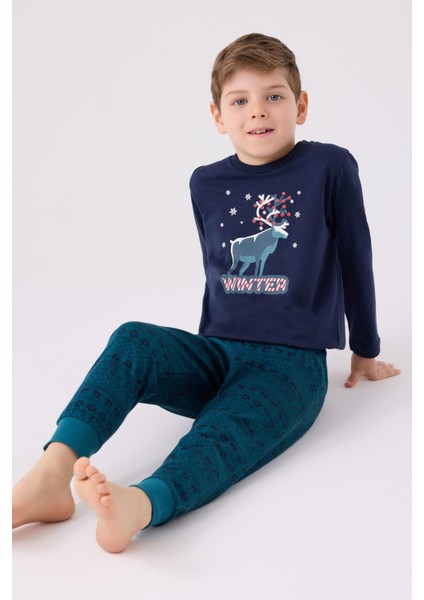 3165 Noel Winter Erkek Çocuk Lacivert Uzun Kol Pijama Takım