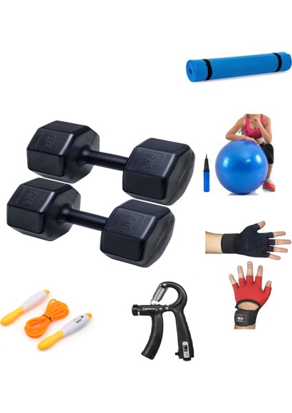 Ps Spor 9 kg Dambıl x 2 Adet = 18 kg + 5 Çeşit Plastes ve Egzersiz Seti