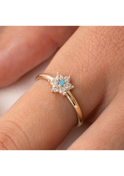 Altın Yüzük - Altın Yüzük - Mini Papatya Firuze (Turkuaz) Taşlı Minimal Tasarım 14 Ayar Altın Yüzük