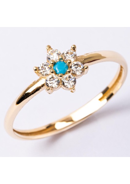 Altın Yüzük - Altın Yüzük - Mini Papatya Firuze (Turkuaz) Taşlı Minimal Tasarım 14 Ayar Altın Yüzük modelleri