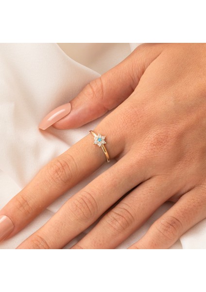 Altın Yüzük - Altın Yüzük - Mini Papatya Firuze (Turkuaz) Taşlı Minimal Tasarım 14 Ayar Altın Yüzük fırsatları