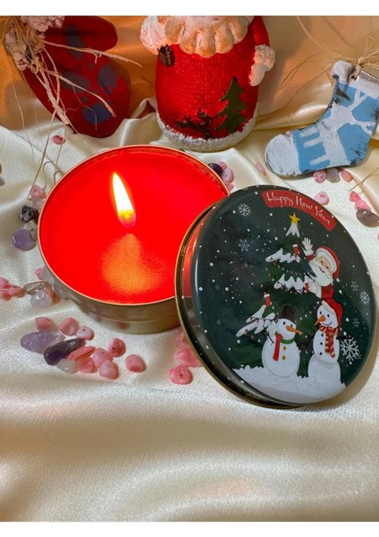 Arescollection Hediyelik Yeni Yıl Yılbaşı Temalı Metal Teneke Kutu Kırmızı Mum. 7*3,5 cm 100 cc