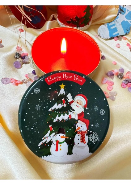 Arescollection Hediyelik Yeni Yıl Yılbaşı Temalı Metal Teneke Kutu Kırmızı Mum. 7*3,5 cm 100 cc