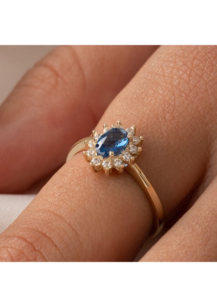 Altın Yüzük - Altın Yüzük - 1.05 Karat Safir Topaz 0.30 Karat Pırlanta (Signty) Taşlı Vintage 14 Ayar Altın Yüzük modelleri