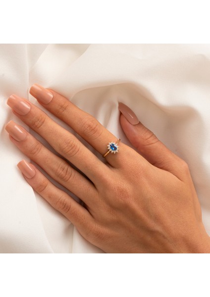 Altın Yüzük - Altın Yüzük - 1.05 Karat Safir Topaz 0.30 Karat Pırlanta (Signty) Taşlı Vintage 14 Ayar Altın Yüzük indirimleri