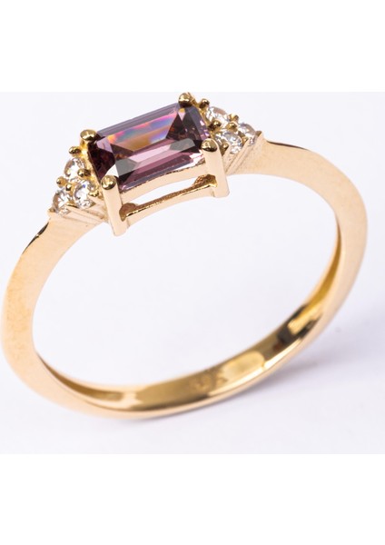 Altın Yüzük - 14 Ayar Altın Zümrüt Kesim Smoky Taşlı Minimal Yüzük - Eşe, Sevgiliye Hediye Yüzük