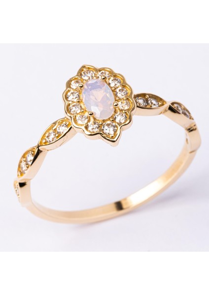 Evlilik Teklifi Altın Yüzük - 14 Ayar Altın Oval Pembe Kuvars Taşlı Kadın Evlilik Teklifi Yüzüğü