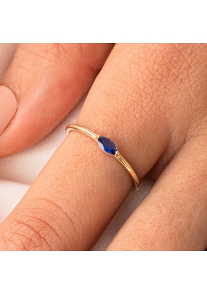 Altın Yüzük - 14 Ayar Altın Markiz Safir Taşlı Minimal Tektaş Kadın Yüzük - Hediyelik Altın Yüzük