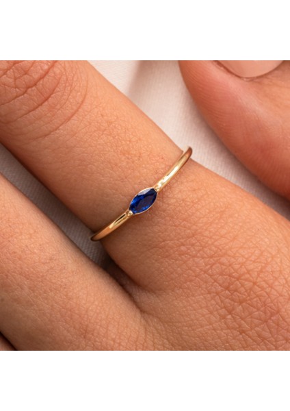 Altın Yüzük - 14 Ayar Altın Markiz Safir Taşlı Minimal Tektaş Kadın Yüzük - Hediyelik Altın Yüzük modelleri