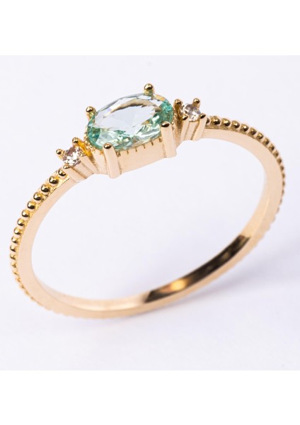 Altın Yüzük - Altın Yüzük - Oval Kesim Green Topaz Taşlı Yan Zirkon Taşlarla Süslenmiş 14 Ayar Altın Yüzük fiyatları