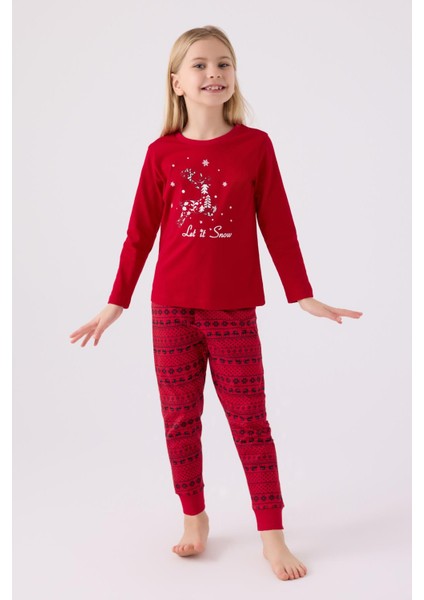 3106 Let It Snow Kız Çocuk Kırmızı Uzun Kol Pijama Takım