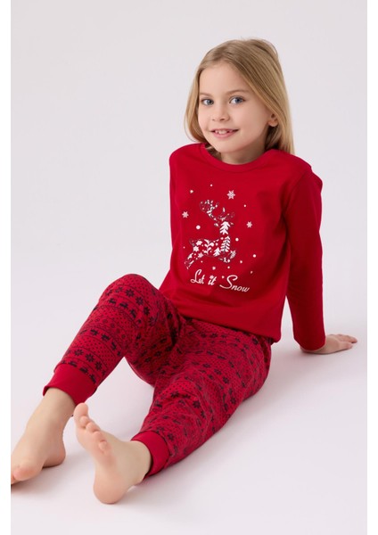 3106 Let It Snow Kız Çocuk Kırmızı Uzun Kol Pijama Takım