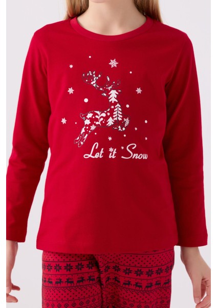 3106 Let It Snow Kız Çocuk Kırmızı Uzun Kol Pijama Takım