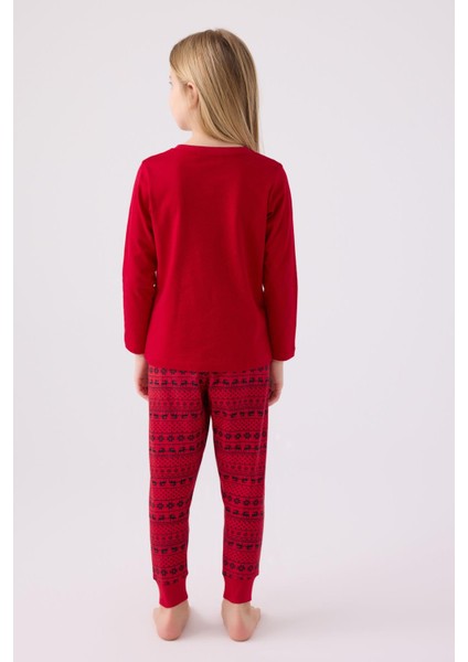3106 Let It Snow Kız Çocuk Kırmızı Uzun Kol Pijama Takım