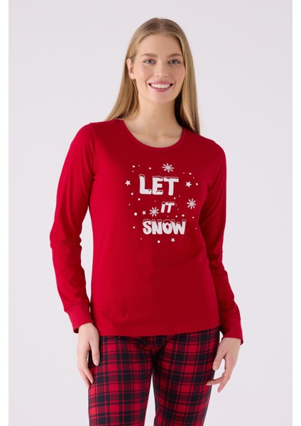3105 Noel Kadın Let It Snow Ekose Kırmızı Uzun Kol Pijama Takım