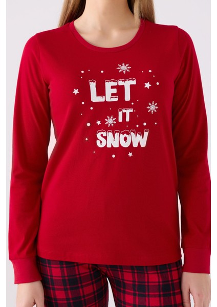 3105 Noel Kadın Let It Snow Ekose Kırmızı Uzun Kol Pijama Takım