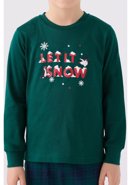 3131 Garson Noel Let It Snow Erkek Çocuk Yeşil Uzun Kol Pijama Takım