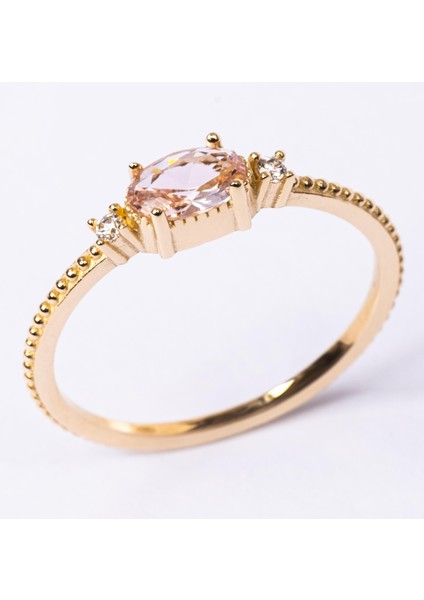 Altın Yüzük - Altın Yüzük - Oval Kesim Morganit Taşlı Yan Zirkon Taşlarla Süslenmiş 14 Ayar Altın Yüzük