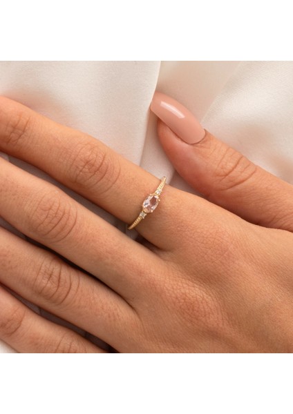 Altın Yüzük - Altın Yüzük - Oval Kesim Morganit Taşlı Yan Zirkon Taşlarla Süslenmiş 14 Ayar Altın Yüzük indirimleri