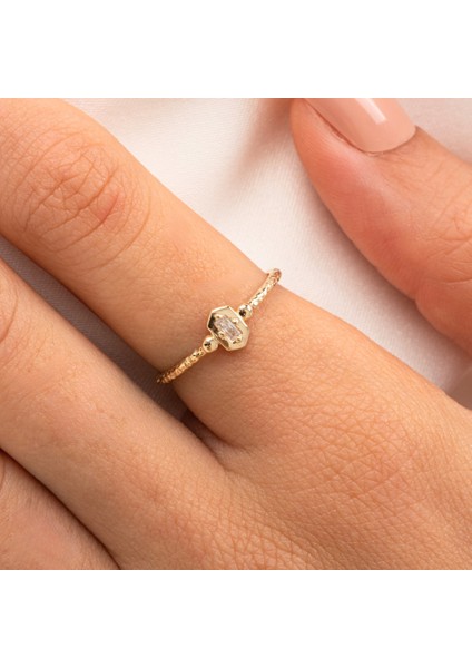 Altın Yüzük - Altın Yüzük - Mini Baget Swarovski Taşlı Minimal Özel Tasarım 14 Ayar Altın Yüzük