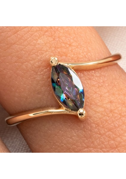 Altın Yüzük - Altın Yüzük - 0.60 Karat Mekik Mistik Topaz Taşlı Es 14 Ayar Altın Evlilik Teklifi Yüzüğü modelleri