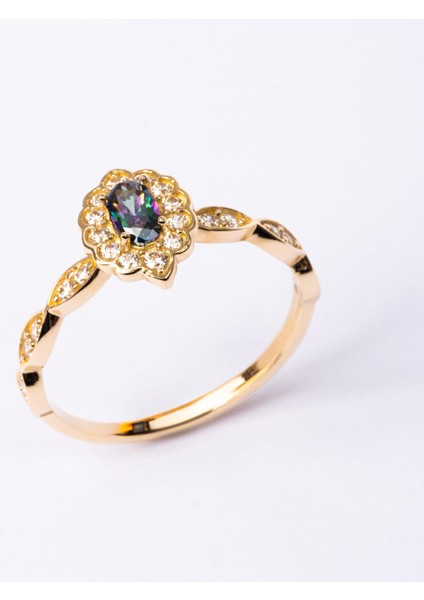 Altın Yüzük - 14 Ayar Altın Oval Mistik Topaz Taşlı Kadın Yüzük - Hediyelik Altın Yüzük modelleri