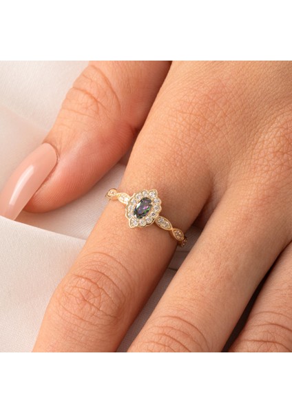 Altın Yüzük - 14 Ayar Altın Oval Mistik Topaz Taşlı Kadın Yüzük - Hediyelik Altın Yüzük fırsatları