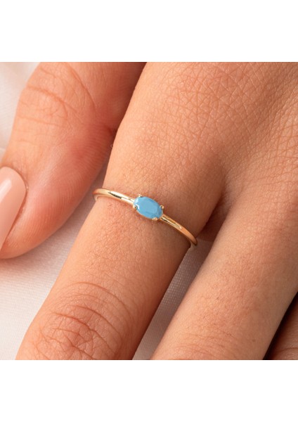 Altın Yüzük - Altın Yüzük - 0.50 Karat Oval Sade Minimal Firuze (Turkuaz) 14 Ayar Tektaş Altın Yüzük