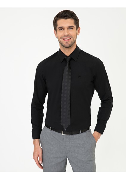 Erkek Siyah Slim Fit Uzun Kollu Basic Gömlek 50247968-VR046