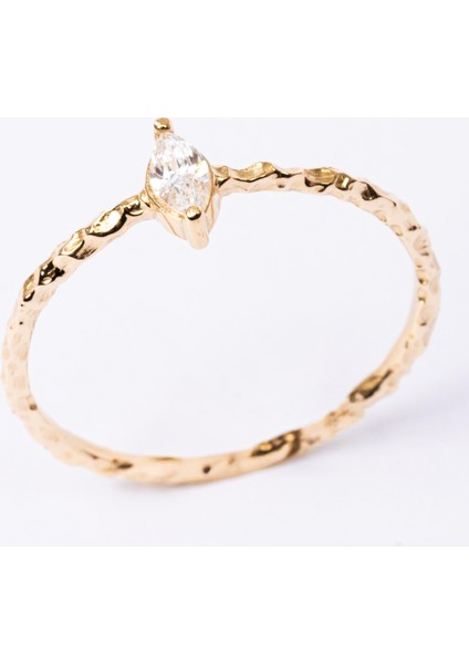 Altın Yüzük - Altın Yüzük - Signity (Swarovski) Taşlı El Yapımı Dövülü Eskitme Minimal 14 Ayar Altın Yüzük