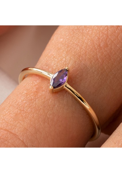 Tektaş Altın Yüzük - 14 Ayar Altın Ametist Taşlı Minimal Tek Taş Kadın Yüzük - Hediyelik Altın Yüzük