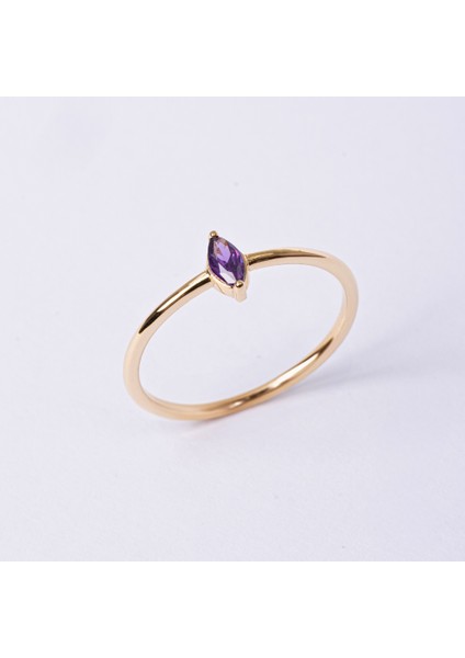Tektaş Altın Yüzük - 14 Ayar Altın Ametist Taşlı Minimal Tek Taş Kadın Yüzük - Hediyelik Altın Yüzük modelleri