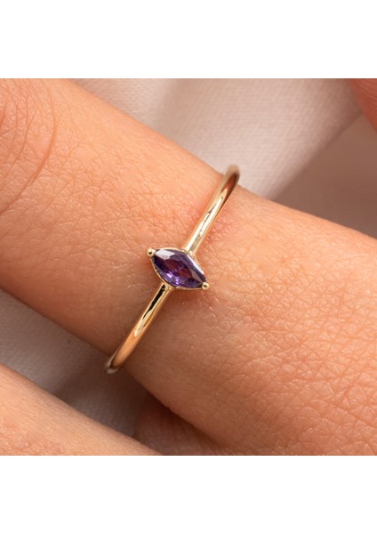 Tektaş Altın Yüzük - 14 Ayar Altın Ametist Taşlı Minimal Tek Taş Kadın Yüzük - Hediyelik Altın Yüzük fırsatları