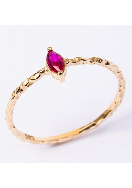 Altın Yüzük - Altın Yüzük - Ruby Taşlı El Yapımı Dövülü Eskitme Minimal Tasarım Tektaş 14 Ayar Altın Yüzük modelleri