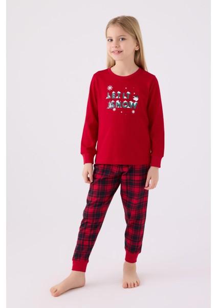 3105 Garson Noel Let It Snow Kız Çocuk Kırmızı Uzun Kol Pijama Takım