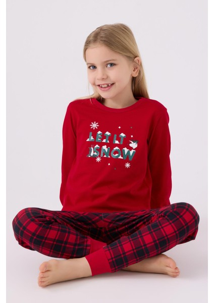 3105 Garson Noel Let It Snow Kız Çocuk Kırmızı Uzun Kol Pijama Takım